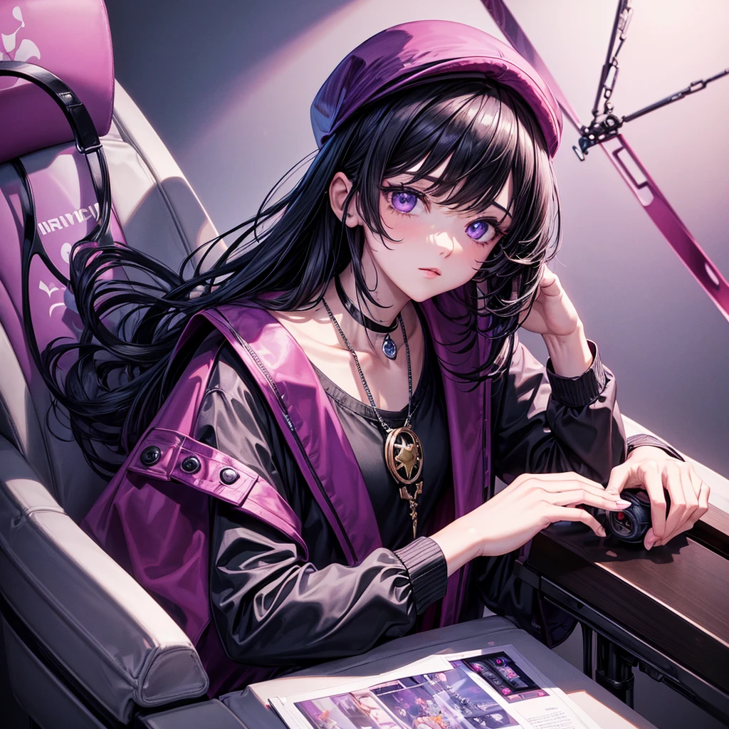 ((best quality)), ((masterpiece)), (detailed), 1modern era girl, siting on gaming chair ,black hair, wear a violet jacket, shirt inside, upper body, infinite neclace, red berret, black writing on the shirt, yensa ,lilac eyes, background with name light Yensa