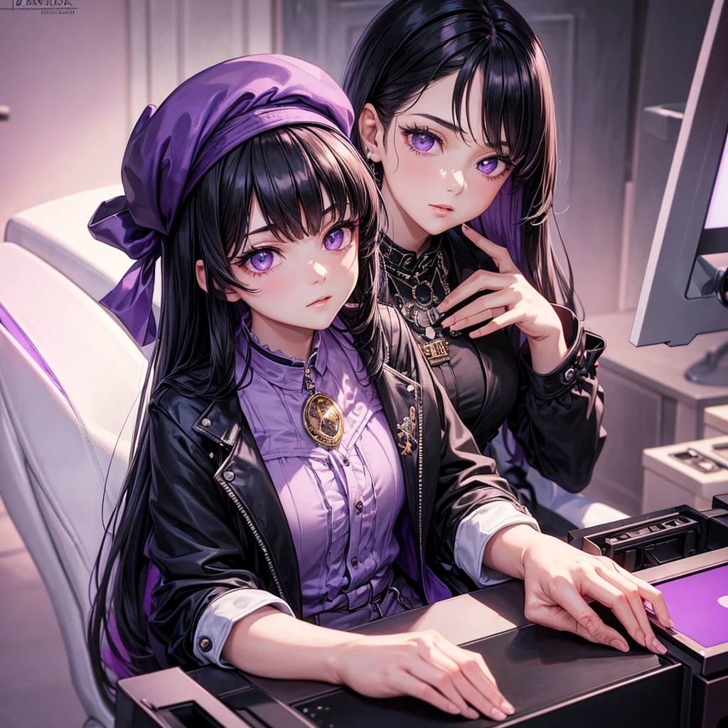 ((best quality)), ((masterpiece)), (detailed), 1modern era girl, siting on gaming chair ,black hair, wear a violet jacket, shirt inside, upper body, infinite neclace, red berret, black writing on the shirt, yensa ,lilac eyes, background with name light Yensa