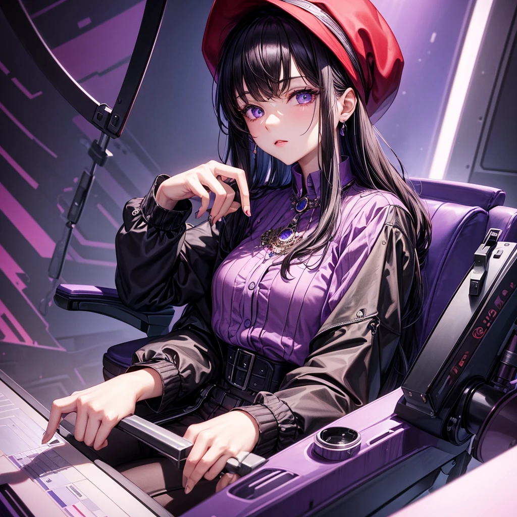 ((best quality)), ((masterpiece)), (detailed), 1modern era girl, siting on gaming chair ,black hair, wear a violet jacket, shirt inside, upper body, infinite neclace, red berret, black writing on the shirt, yensa ,lilac eyes, background with name light Yensa