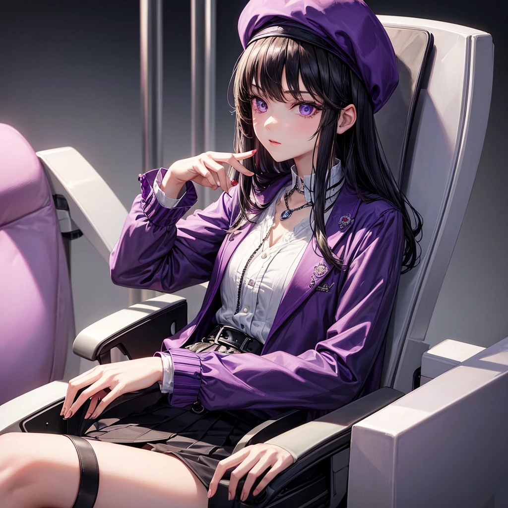 ((best quality)), ((masterpiece)), (detailed), 1modern era girl, siting on gaming chair ,black hair, wear a violet jacket, shirt inside, upper body, infinite neclace, red berret, black writing on the shirt, yensa ,lilac eyes, background with name light Yensa