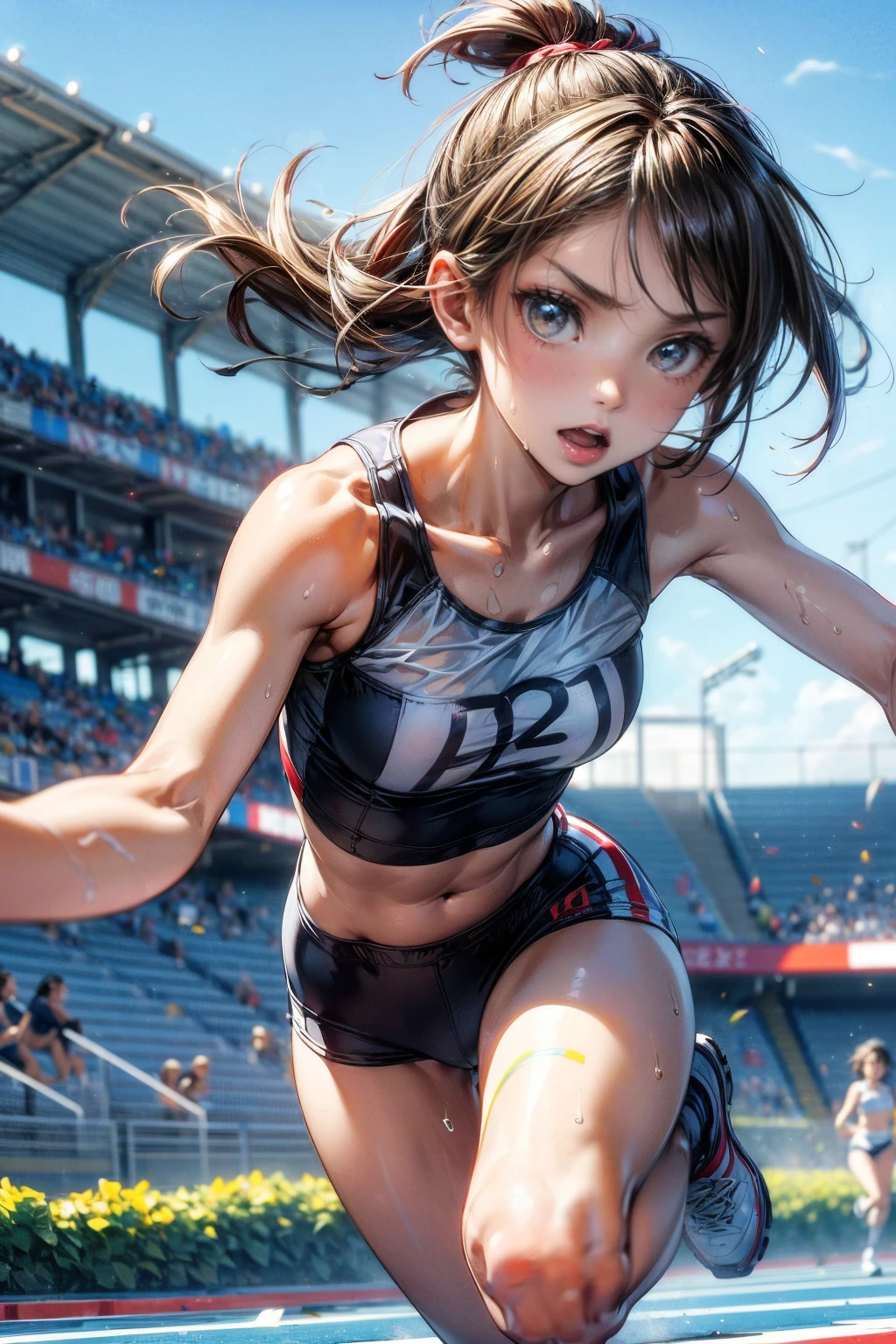 Photo of a 20 year old woman, Perfect Face, masterpiece, good, Sports bra,Racing Bloomers、good,  Dynamic Perspective、Run at full speed、Sweat flying、Serious face、Run towards the viewer、Track and Field、Nipple swelling、Pussy Cameltoe