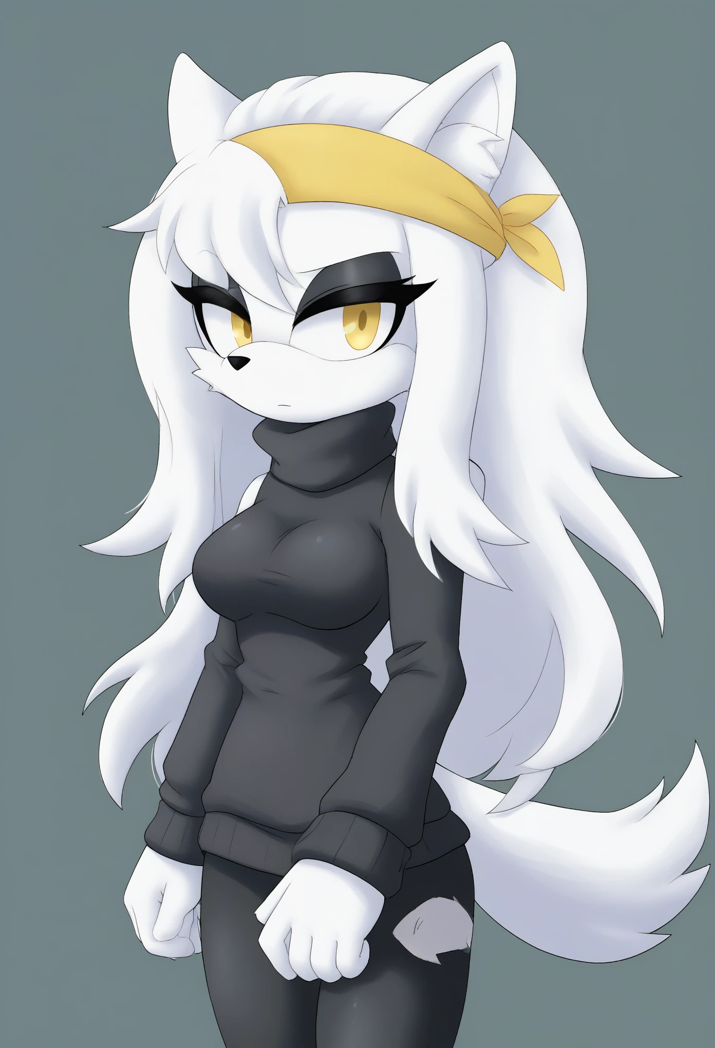 (1girl), (solo), Female wolf, white fur, long hair, 3 large hair bangs, (side locks/quills over shoulders), yellow eyes, white patches of fur around eyes, (medium breasts), (black sweater), turtleneck, black leggings, yellow headband, light skin colored muzzle and inner ears, eyelashes, expressionless, daytime, mobian, mobius city, half body