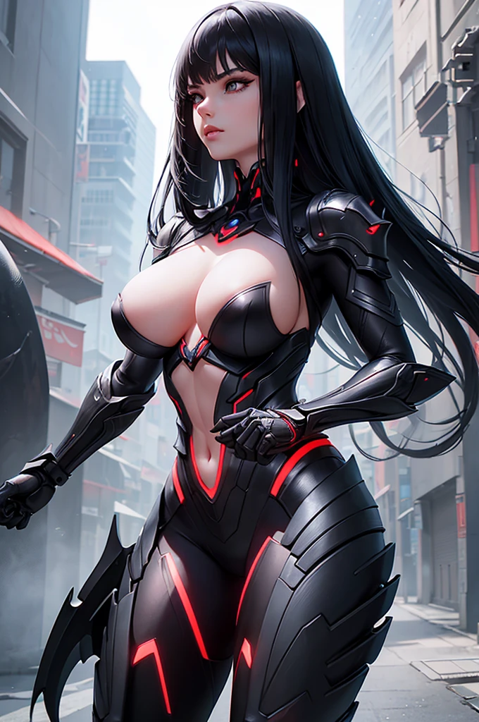 a young woman with three breasts wearing futuristic biomechanical armor, long black hair with v-shaped bangs, hyperrealistic, three breasts, three tits, three boobs, cinematic lighting, highly detailed, award winning cg artwork, artstation, intricate, elegant, striking pose, dramatic, powerful, mysterious, glowing red energy, moody atmosphere