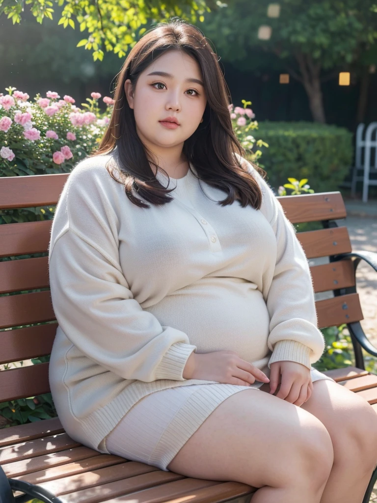 a very obese chubby girl,detailed facial features,beautiful detailed eyes,beautiful detailed lips,extremely detailed eyes and face,longeyelashes,pudgy round cheeks,double chin,oversized clothing,sitting on a bench in a park,surrounded by flowers and nature,soft lighting,muted color palette,digital painting,photorealistic,4k,8k,highres,masterpiece:1.2,ultra-detailed,realistic,photorealistic,photo-realistic:1.37,HDR,UHD,studio lighting,ultra-fine painting,sharp focus,physically-based rendering,extreme detail description,professional,vivid colors,bokeh