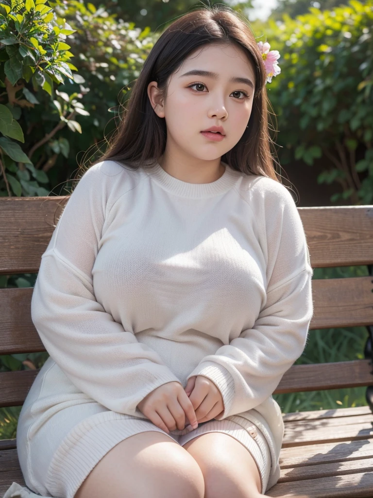 a very obese chubby  girl,detailed facial features,beautiful detailed eyes,beautiful detailed lips,extremely detailed eyes and face,longeyelashes,pudgy round cheeks,double chin,oversized clothing,sitting on a bench in a park,surrounded by flowers and nature,soft lighting,muted color palette,digital painting,photorealistic,4k,8k,highres,masterpiece:1.2,ultra-detailed,realistic,photorealistic,photo-realistic:1.37,HDR,UHD,studio lighting,ultra-fine painting,sharp focus,physically-based rendering,extreme detail description,professional,vivid colors,bokeh