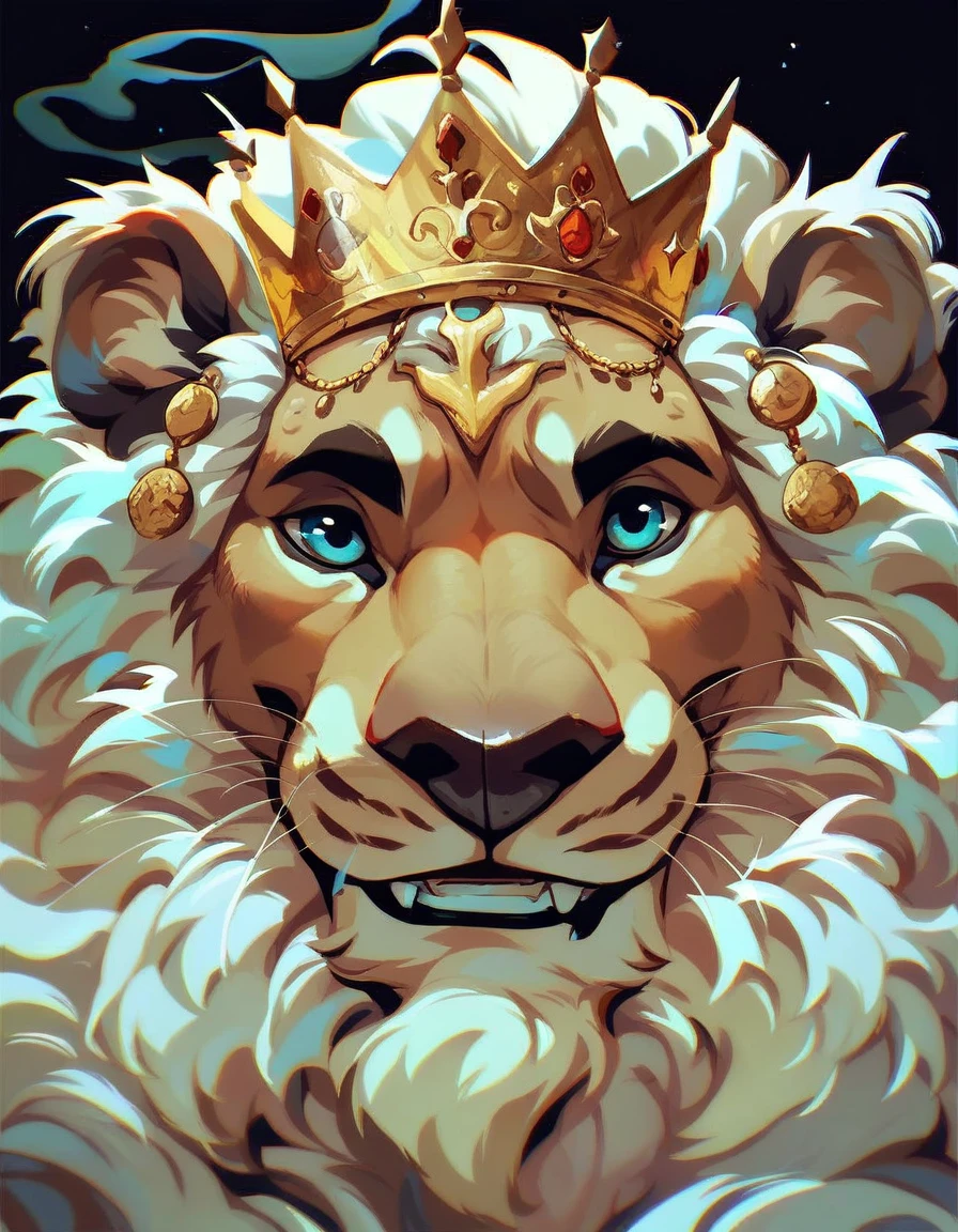 A little lion with a crown on his head alone, smiling smoking marijuana smiling, with his 2 front paws to the sky with a black background