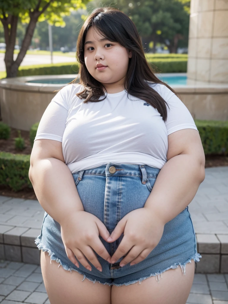 Photorealistic, high resolution image, 8k, 1 girl, Malay chubby girl squating on the street, perfect naked, perfect beauty face, smile grin, small eyes, black chingnon hair style, perfect beauty skin, perfect flat chest, perfect pear body type, fat tummy, thick thigh, worm eyes view, bokeh