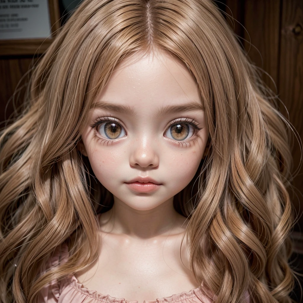 Make me a blythe doll with light brown skin, with salmon pink wavy hair and big brown eyes,
