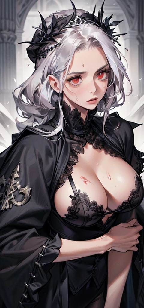 (best quality,high resolution:1.2), ultra-detailed, realistic:1.37, mature beautiful lady in a black robe, sweating, flushed face, adorned with lace lingerie, with a cold expression on her face, a close-up of her breasts, white hair, red eyes, and revealing her lingerie, emphasizing her full chest, highlighting the breasts, focused on the chest, mature and sexy.