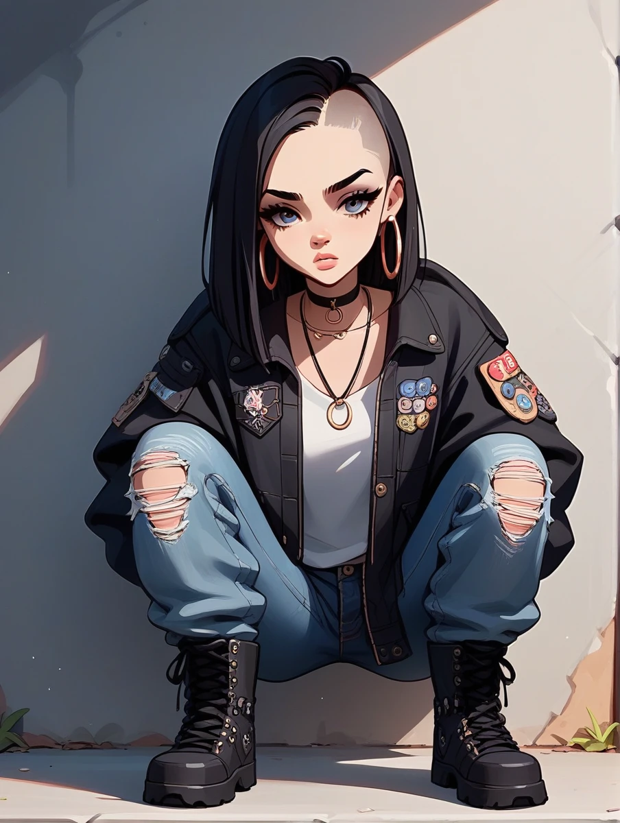 score_9,score_8_up,score_7_up,score_6_up,score_5_up,score_4_up, source_cartoon, source_anime,
1girl,  Hair: buzz cut, Clothing: oversized, distressed denim jacket with patches and pins, paired with black skinny jeans and combat boots, Accessories: silver hoop earrings and a black choker necklace, Hanging out in an underground music venue or street art exhibit, seductive pose, pretty