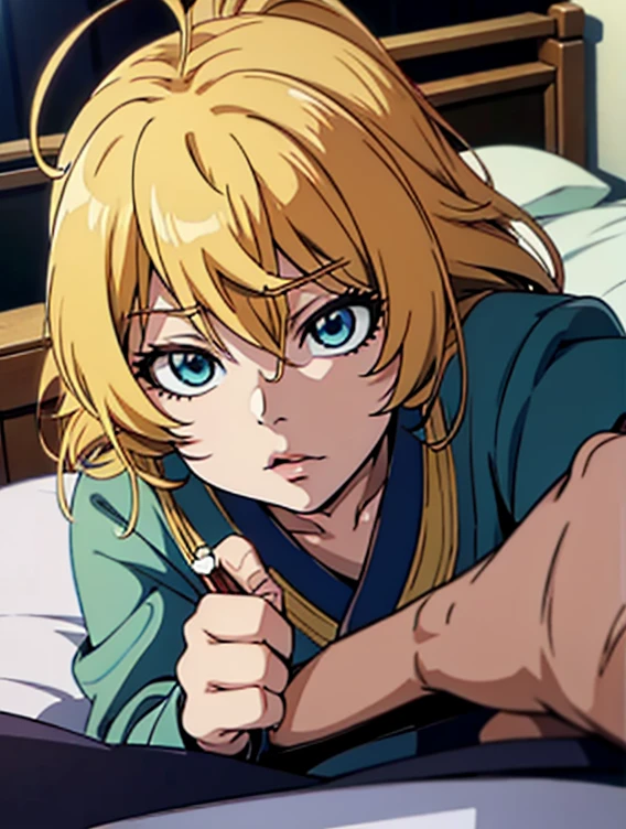 Anime character lying on bed with blue eyes and blonde hair, Anime drawing inspired by Yoshio Markino, Trending on pixiv, mingei, In the anime movie, Screenshot of the anime movie, Anime girl crouching, A shot from the anime movie, It is still an iconic anime today, The anime image is fixed, Screenshot from the anime Goro, Still from TV animation