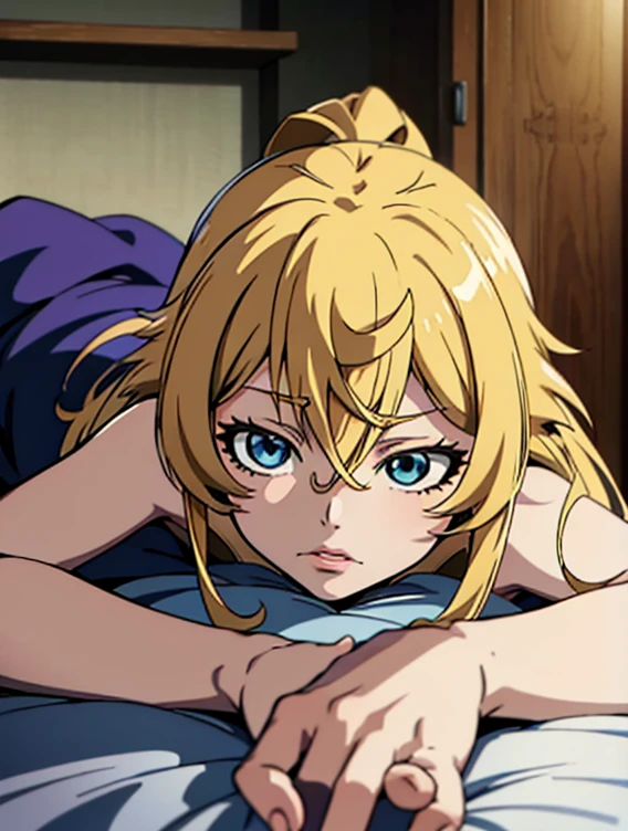Anime character lying on bed with blue eyes and blonde hair, Anime drawing inspired by Yoshio Markino, Trending on pixiv, mingei, In the anime movie, Screenshot of the anime movie, Anime girl crouching, A shot from the anime movie, It is still an iconic anime today, The anime image is fixed, Screenshot from the anime Goro, Still from TV animation