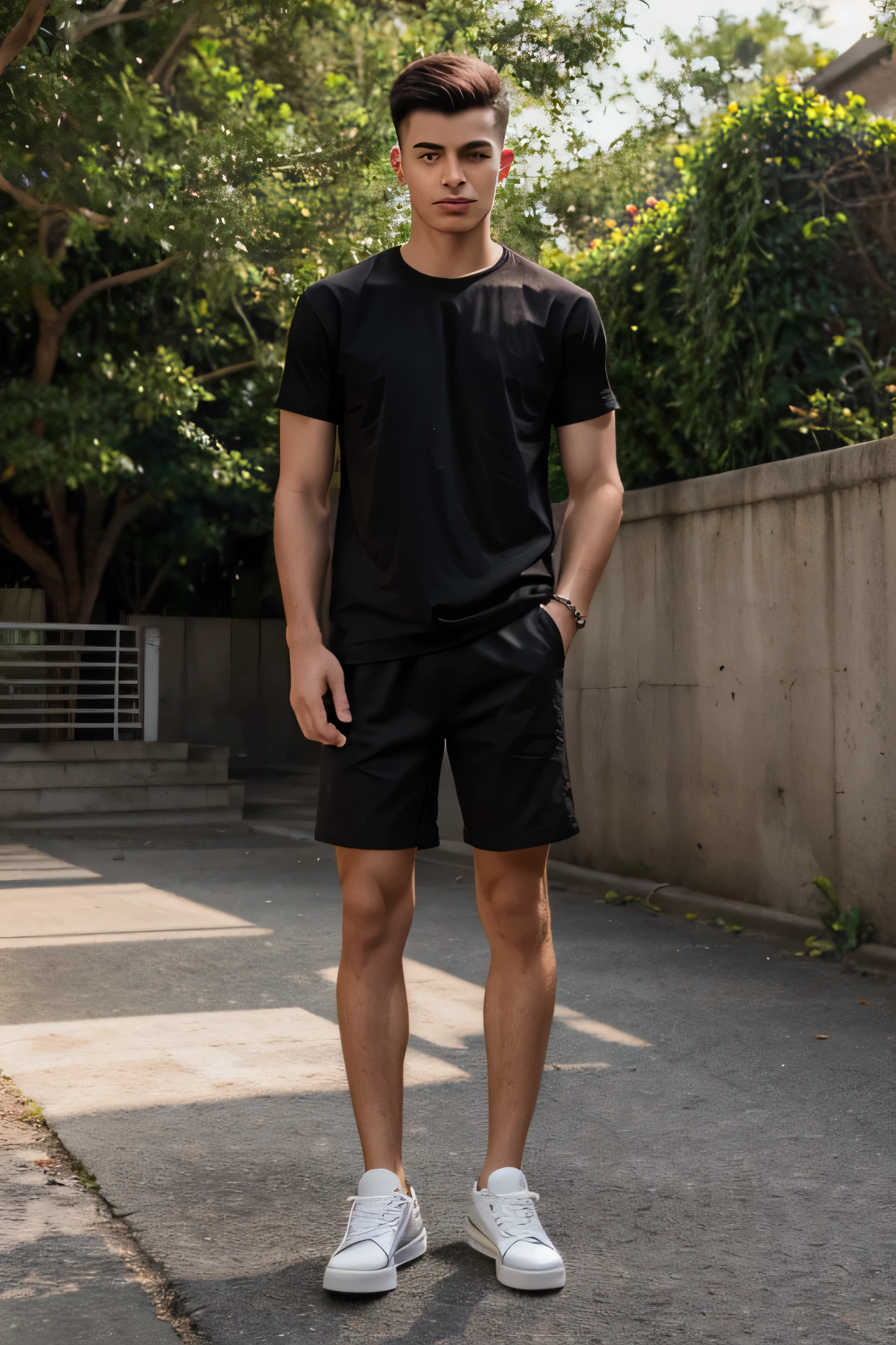 handsome guy, 25 years old, slim but defined, his hair has a mid fade military cut in dark brown, he is wearing short black shorts and a white t-shirt, and he is wearing white allstar sneakers, the photo shows him with a full body whole and is standing, in an environment well lit by the sun, his pose is very relaxed, his face is serious but with a lightness in his eyes and mouth.