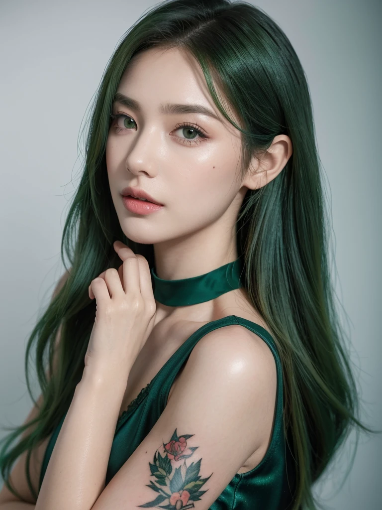 1girl, alone, solitary, high quality, (best quality,4k,8k,highres,masterpiece:1.2),ultra-detailed,(realistic,photorealistic,photo-realistic:1.37),gorgeous hair,red hair,red long curly hair with bangs,sharp eyes,mole under the eye,plump lips,jewelry,(high detailed skin:1.4),(rim lighting:1.3),(lit:1.3),(sunny day:1.3),portrait,beautiful lips,waist-length hair,seductive gaze,moles,casual clothes,colorful clothing,close up,super long hair,choker necklace,tattoos,tattooed,light eyes,bangs,fringe,20 year old,dimples on the cheeks,dimples,emerald green hair,sharp eyebrows,greenhair,green,emerald green hair,bright green hair,lace,elegant