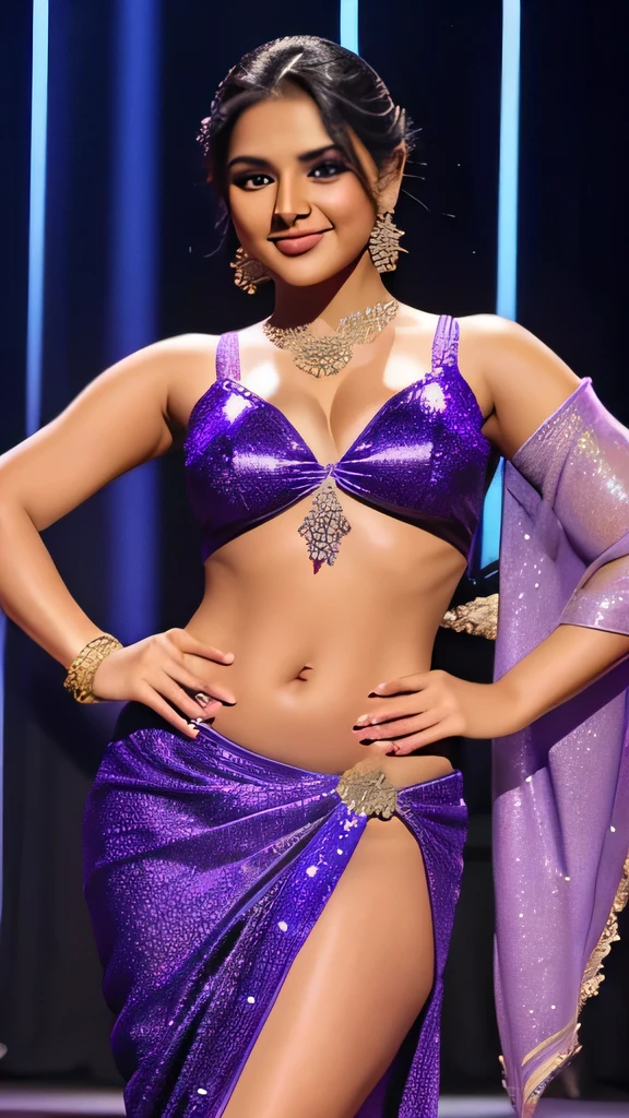 18 year cute, beautiful and hot girl is wear purple glitter shiny saree preform dance in college with boy, she has hot figure and her clothes are tight