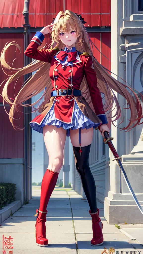 ((Best Quality)), ((Masterpiece)), (detailed), 1 girl, red military uniform, blue bow, blond hair, Red eyes, happy look, holds a bright red katana, simple background that matches the character, (full body view), {Terakomari Gandesblood}, {correct anatomy}.