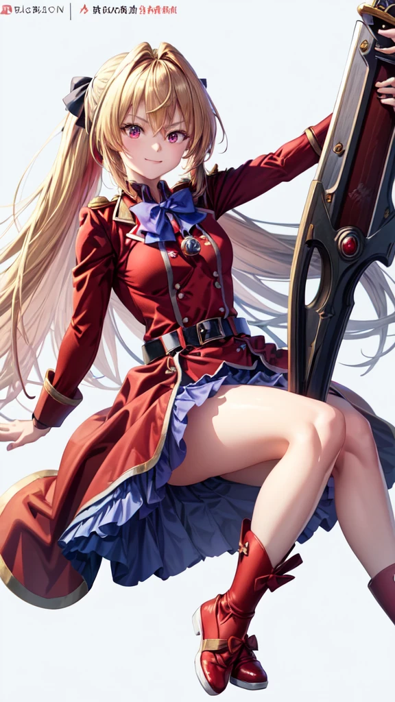 ((Best Quality)), ((Masterpiece)), (detailed), 1 girl, red military uniform, blue bow, blond hair, Red eyes, happy look, holds a bright red katana, simple background that matches the character, (full body view), {Terakomari Gandesblood}, {correct anatomy}.