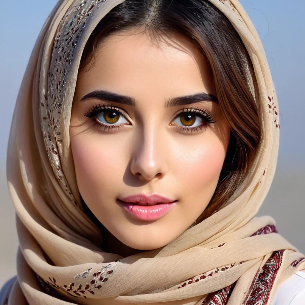a close up of a striking pale medium middle east young woman wearing a scarf,frontal face and very lively and bright clear honey eyes facing something to her left side, extremely beautiful face, she has a cute face, young cute face, very very very beautifull face, she has a cute expressive face, very pretty face, good looking face, young and healthy appearance,tiktok video, the face of absurdly beautiful, very beautiful face, her face looks like an orchid