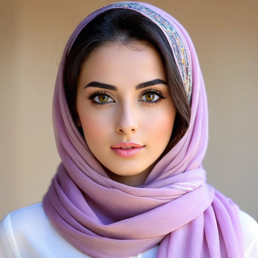 a close up of a striking pale medium middle east young woman wearing a scarf,frontal face and very lively and bright clear honey eyes facing something to her left side, extremely beautiful face, she has a cute face, young cute face, very very very beautifull face, she has a cute expressive face, very pretty face, good looking face, young and healthy appearance,tiktok video, the face of absurdly beautiful, very beautiful face, her face looks like an orchid