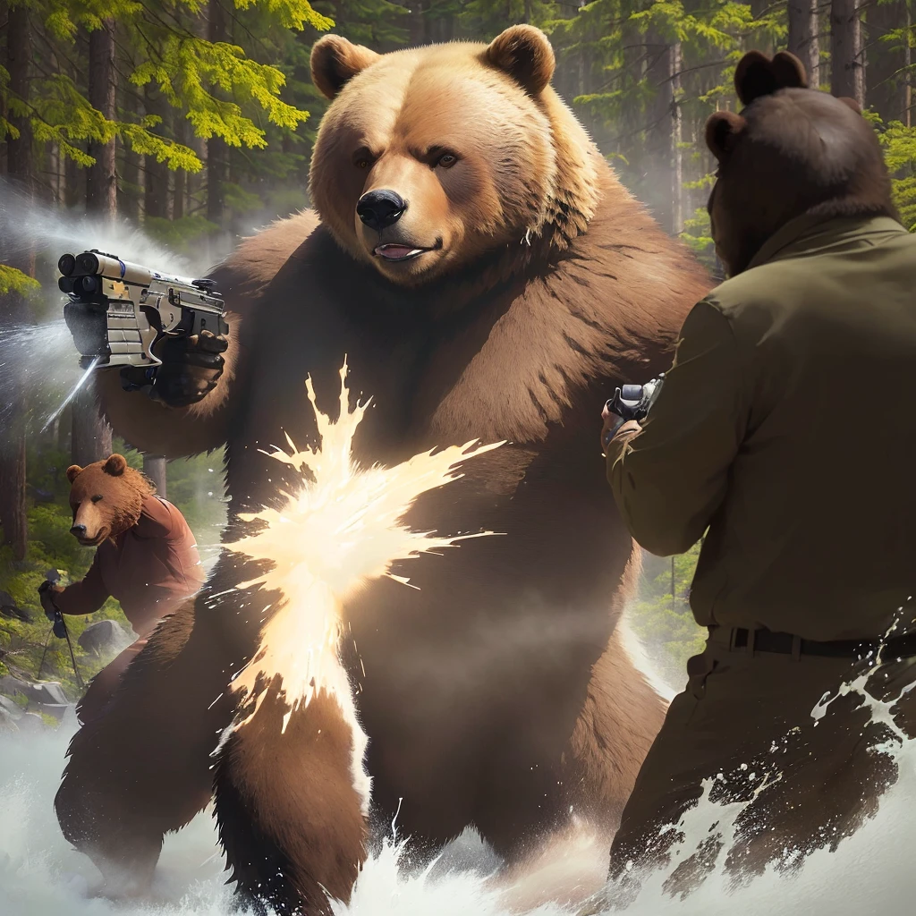 A man is spraying bears with bear repellent spray, Hot Photos, Muzzle flash, Angry Bear, Spraying liquid, Grizzly, Winning Shots, Winning Shots, Perfect Shot, impressive winning photo, Great shots, Great art, Crazy special effects, Breathtaking shots, Giant bear-human hybrid, Alaska, Escape from the bear, Fierce Appearance, crap, bear