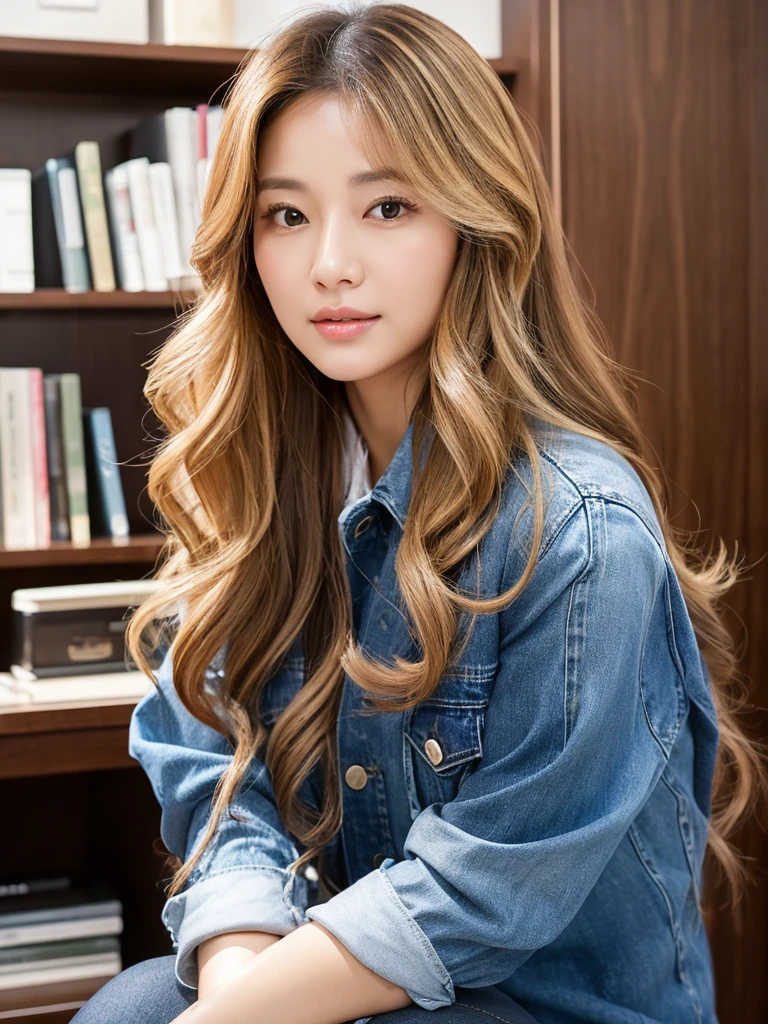 {2.5D art style} Han Julie is a young Korean woman in her 30s. Her hair is long and wavy in a dark blonde colors.
Her face is oval and marked by her large brown eyes, which carry a cold, unexpressive face. Her skin is radiant and clear, presenting an impeccable state of health and her curved lips.
Her height is medium, her body athletic and defined, with the most charming and provocative. It contrasts and matches their personalities.
She is in her office at the company wearing a navy jeans and white shirt.