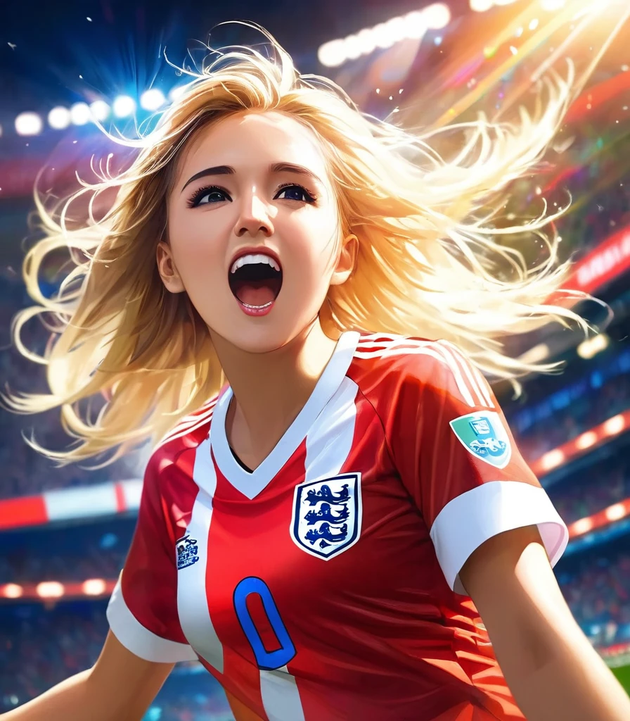 Best quality with neon light and unique painting, British flag painting colors on the face, a group of cute blonde young hardcore soccer fans wearing England soccer jersey and standing in stadium bleacher, celebrating a goal by Harry Kane, floating hair, natural face, dark lighting, supporters atmosphere, prism lens flare effect, motion blur, sporting angle shot style, Ultra highly detailed, realistic skin, film looks