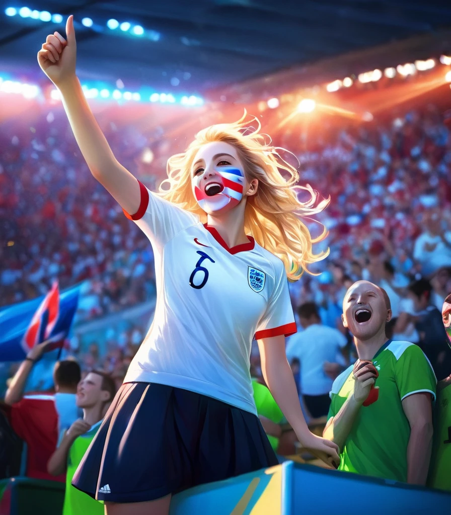 Best quality with neon light and unique painting, British flag painting colors on the face, a group of cute blonde young hardcore soccer fans wearing England soccer jersey and standing in stadium bleacher, celebrating a goal by Harry Kane, floating hair, natural face, dark lighting, supporters atmosphere, prism lens flare effect, motion blur, sporting angle shot style, Ultra highly detailed, realistic skin, film looks