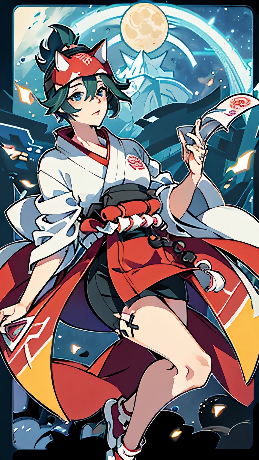 Highest quality、Beauty、Holding a kunai、Perfect Face、Perfect Lips、Double eyelids、Perfect body、kimono、There is a full moon in the night sky、His eyes are shining blue