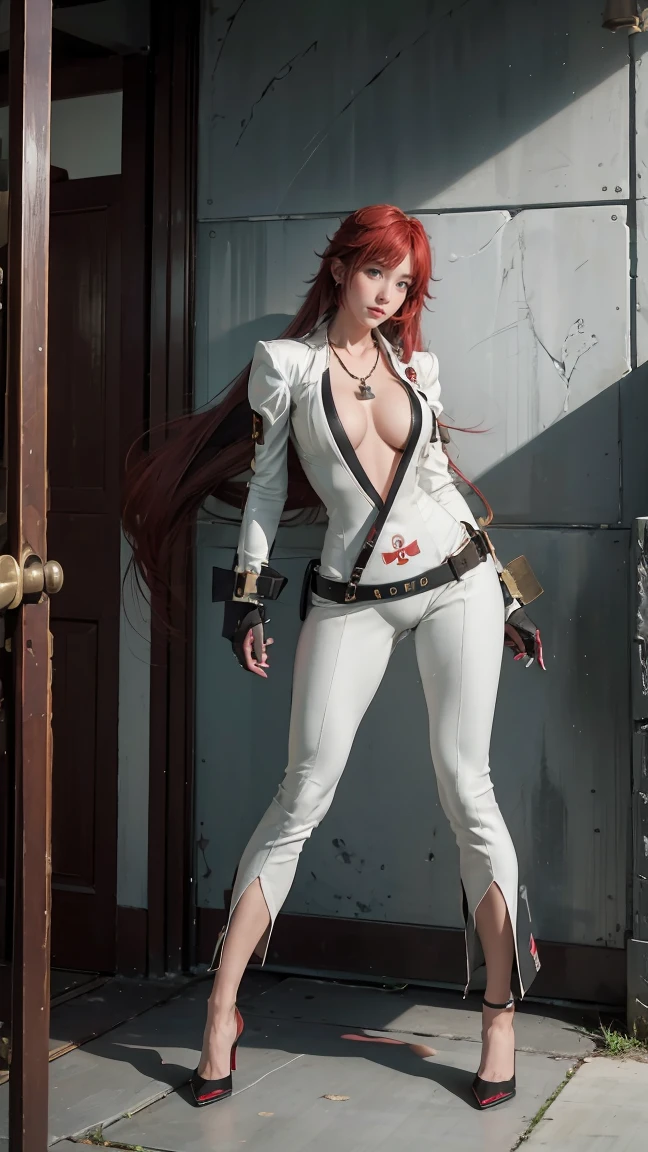 (masterpiece), best quality, 4K, realistic, HD, NIPPLES, expressive eyes, perfect face, solo, breasts, cleavage, full body, red hair, aqua eyes, no bra, collarbone, midriff, navel, slim body, necklace, ankh, belt, black gloves, milf, ankh, white strait bodysuit, compass rose ass visible through thighs, red gloves, standing, strivejacko, Jack-O'Valentine, white bodysuit, visible smiles, long hair streak, irish woman, tight, sweating, lipstick, FIGHTEr, guilty gear, boot shoe, skimpy, interrogation, merore, happiness,