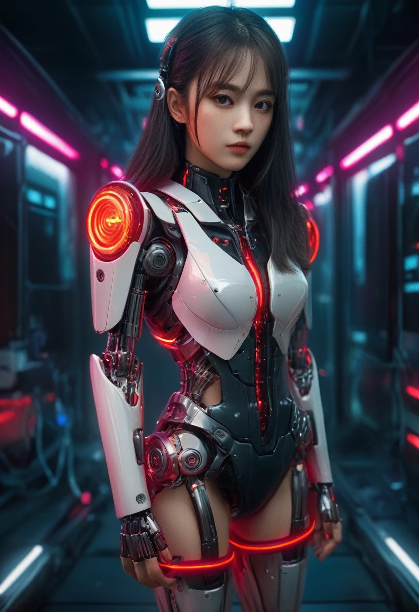 xxmixgirl. Highly detailed professional 35mm film, bokeh, face in sharp focus. A robotic female, Miku, with ((metal skin)), ((perfect Asian eyes)) with magenta irises and ((black pupils)), beautiful serious (detailed face), 18 year old ((photorealistic face)), very long magenta twin tails of magenta hair, twin black hair ties with a single red stripe. She may have a black audio headpiece. We can see her ((full body)) down to her boot soles. Her outfit is a sleeveless collared light grey shirt, outlined in red around the frilled collar and hems. Shiny reflective ((metallic breast cups, dimpleless)), invisible nipples. She wears black sleeves with red hems that start around her upper arm and bellow out as the sleeves open and extend to her wrists, with wide trumpet red rimmed cuffs. She has perfect robotic (detailed hands). She wears a red colored tie with two horizontal solid parallel black lines halfway across. She wears a fabric black skirt with a horizontal red hem at the bottom all the way around; her (((black skirt wraps around her))) and ((her skirt completely covers)) her robotic waist and thighs. Tall black boots with red bottom soles, a red rim around the top at her thighs. Her mechanical shoulder joints are visible. We can see her robotic legs and robotic neck. Half of her is covered with shiny polished machinery. The background is a distant dark neon futuristic Japanese city, gold, cyan, violet neon, near harbor or mountains.