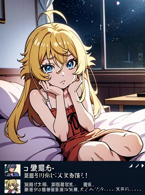 Anime character lying on bed with blue eyes and blonde hair, Anime drawing inspired by Yoshio Markino, Trending on pixiv, mingei, In the anime movie, Screenshot of the anime movie, Anime girl crouching, A shot from the anime movie, It is still an iconic anime today, The anime image is fixed, Screenshot from the anime Goro, Still from TV animation