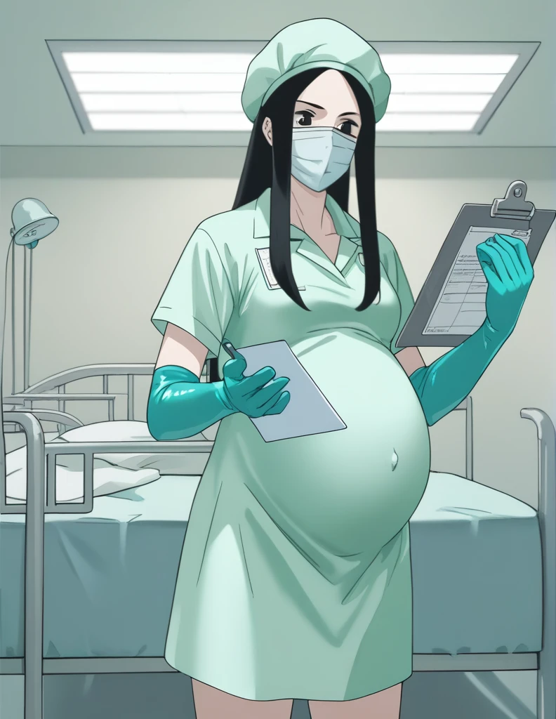 score_9, score_8_up, score_7_up, source_anime, kasuganoray, pale skin, long hair, scrubs, surgical mask, bouffant cap, delete official card,
1girl, pregnant, solo, rubber gloves, clipboard, looking down, furrowed brow, privacy screen, hospital bed, standing