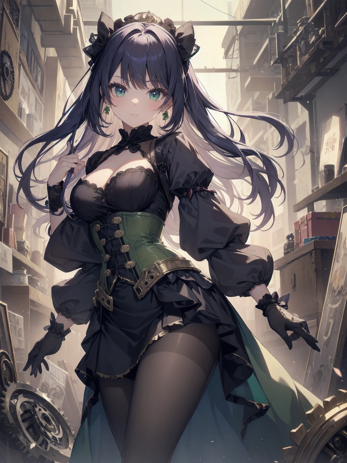 A whimsical Victorian-steampunk fusion portrait featuring Blake Akane Kurokawa as a kawaii protagonist. Set against a muted backdrop, she poses in front of an antique clockwork mechanism, surrounded by intricately crafted gears and cogs. Her dark blue-purple chibi hair falls in soft waves around her face, framing her bright green eyes. A delicate corset adorns her  frame, accentuating her waist, while a voluminous skirt flows behind her like a misty veil. Lace, ruffles, and ribbons adorn the hem, adding a touch of femininity to this steampunk-inspired masterpiece.