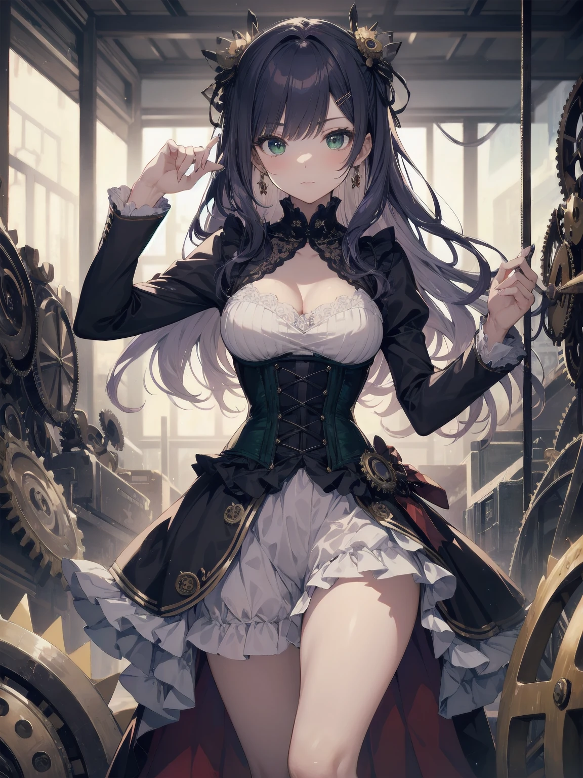 A whimsical Victorian-steampunk fusion portrait featuring Blake Akane Kurokawa as a kawaii protagonist. Set against a muted backdrop, she poses in front of an antique clockwork mechanism, surrounded by intricately crafted gears and cogs. Her dark blue-purple chibi hair falls in soft waves around her face, framing her bright green eyes. A delicate corset adorns her  frame, accentuating her waist, while a voluminous skirt flows behind her like a misty veil. Lace, ruffles, and ribbons adorn the hem, adding a touch of femininity to this steampunk-inspired masterpiece.