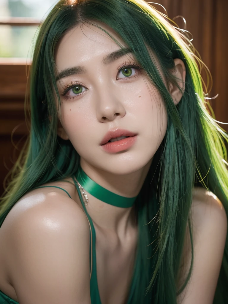 a beautiful woman with striking green eyes, long dark green hair, and a happy expression, performing an intimate act in a steamy bathroom setting, photographed from a POV perspective, with a focus on the woman's shiny, blushing skin and her complete nudity, masterpiece, 8k, ultra-detailed, photorealistic, physically-based rendering
