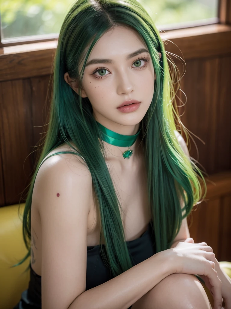 1girl, alone, solitary, high quality, (best quality,4k,8k,highres,masterpiece:1.2),ultra-detailed,(realistic,photorealistic,photo-realistic:1.37),gorgeous hair,red hair,red long curly hair with bangs,sharp eyes,mole under the eye,plump lips,jewelry,(high detailed skin:1.4),(rim lighting:1.3),(lit:1.3),(sunny day:1.3),portrait,beautiful lips,waist-length hair,seductive gaze,moles,casual clothes,colorful clothing,close up,super long hair,choker necklace,tattoos,tattooed,light eyes,bangs,fringe,20 year old,dimples on the cheeks,dimples,emerald green hair,sharp eyebrows,greenhair,green,emerald green hair,bright green hair,lace,elegant