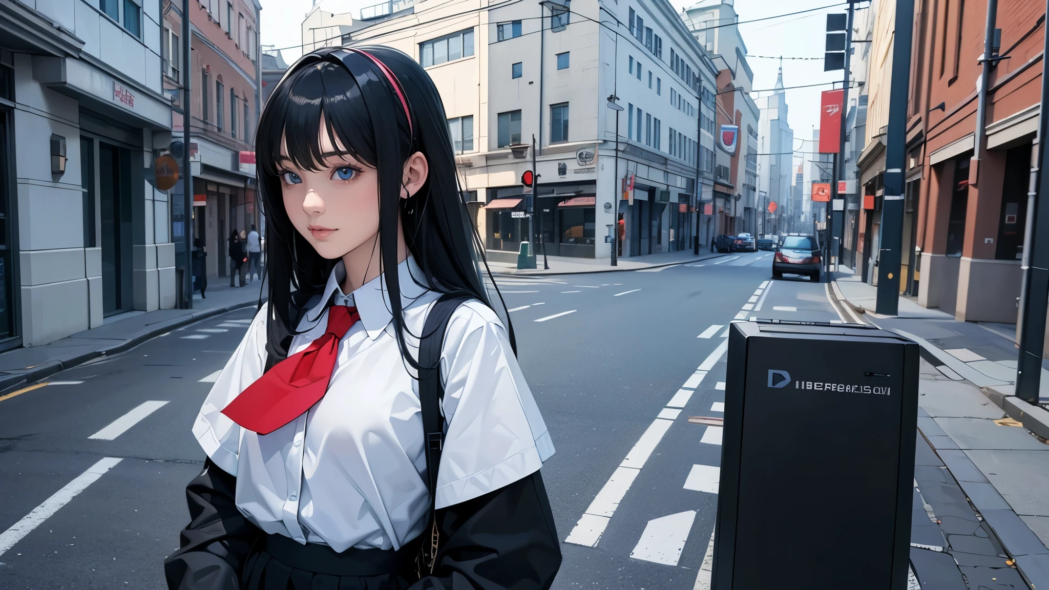 ultra HD、super high quality、masterpiece、detailed、8K、The location is on a quiet city street、Schoolgirl１Person listening to music on headphones、15-year-old high school girl、The Russian has long black hair.、Has blue eyes、Has a glamorous figure、The clothes she&#39;s wearing are one-piece dresses.、Pretty sexy、Nostalgic and relaxing atmosphere、Midnight、Holding an umbrella、Rainy season、downpour、A business district lined with glittering neon buildings,evening、He has his hands on his headphones and his eyes closed、Retrospective color tone、A street with a retro atmosphere、evening、