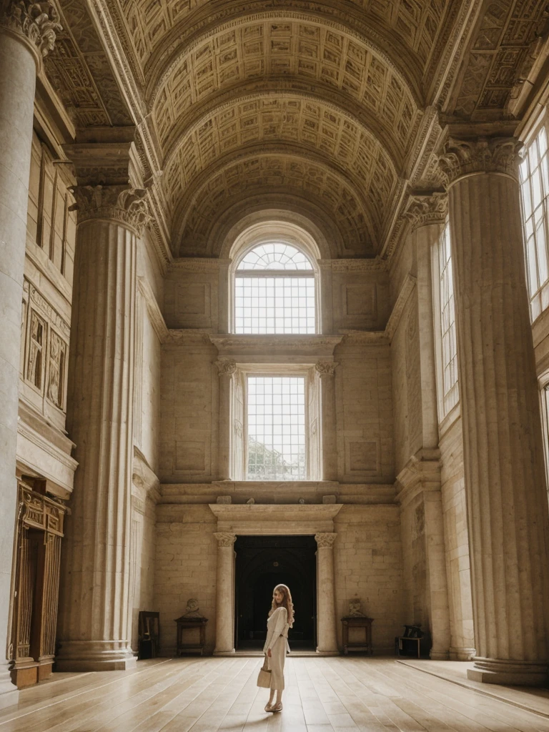 Naked pale skin Sophia Lillis standing on top of a marble pedestal, white toga, long wavy blonde hair, thick body, 