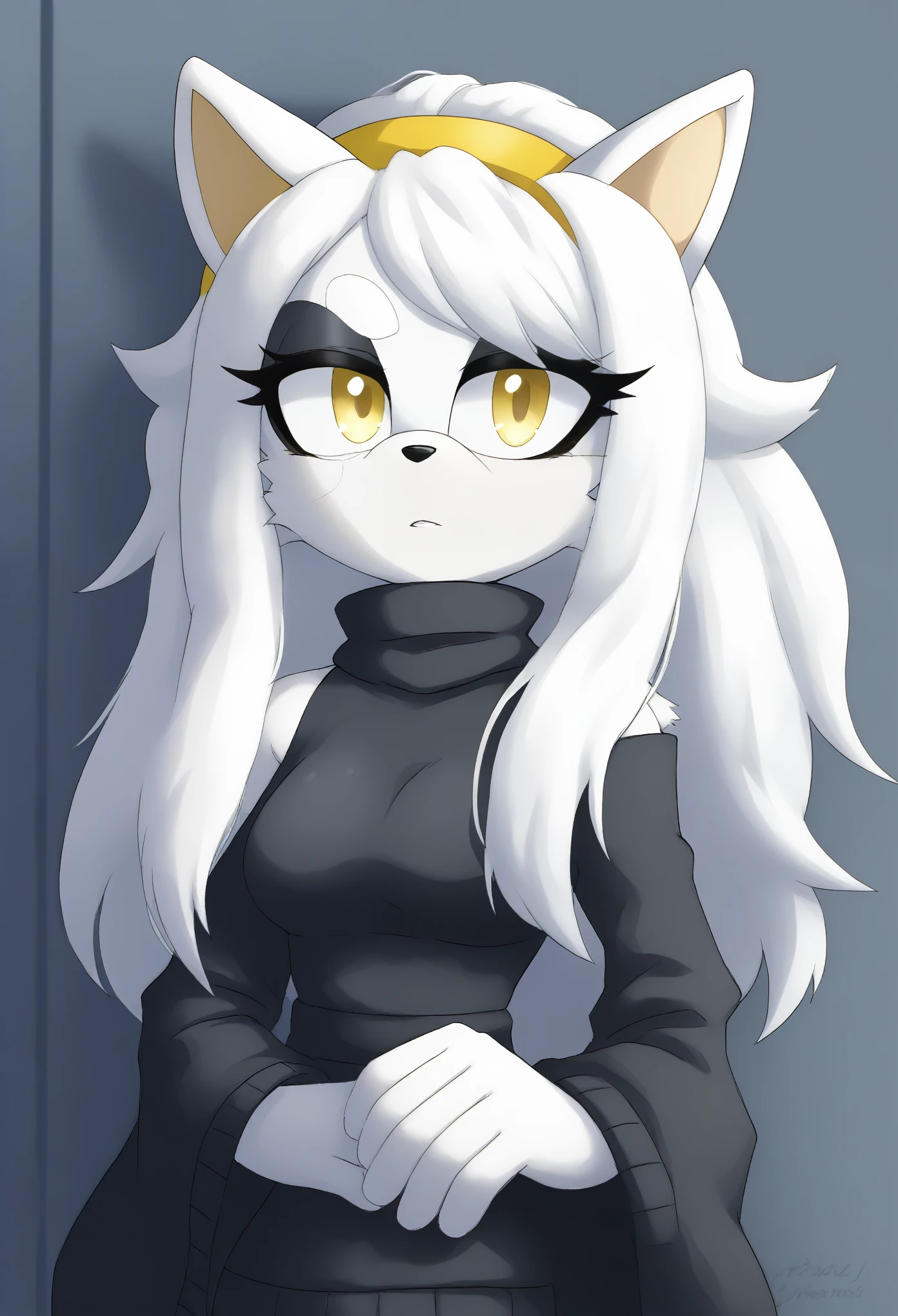 (1girl), (solo), Female wolf, white fur, long hair, 3 large hair bangs, (side locks/quills over shoulders), yellow eyes, white patches of fur around eyes, (medium breasts), (black sweater), turtleneck, yellow headband, light skin colored muzzle and inner ears, eyelashes, expressionless, daytime, mobian, mobius city, half body
