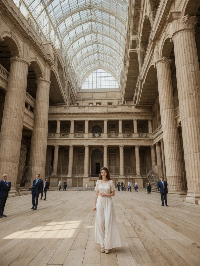 her name is Elle, high quality, 1girl, ((20-year-old fit Caucasian woman)), ((20 years old)), ((fit)), ((pale skin)), Beachy Waves dark hair , wearing Ivory Lace High-Neck Blouse + High-Waisted Wide-Leg Trousers, pose: standing, background: The imposing façade of the British Museum opens into a vast, glass-roofed Great Court. Natural light floods the space, illuminating the intricate details of the Rosetta Stone and the Elgin Marbles. Visitors move from exhibit to exhibit, marveling at the Egyptian mummies, ancient Greek vases, and the treasures of Sutton Hoo. The hushed tones of school groups learning about world history mix with the occasional click of a camera. The air is filled with the faint scent of old parchment and the tang of metal from centuries-old artifacts.