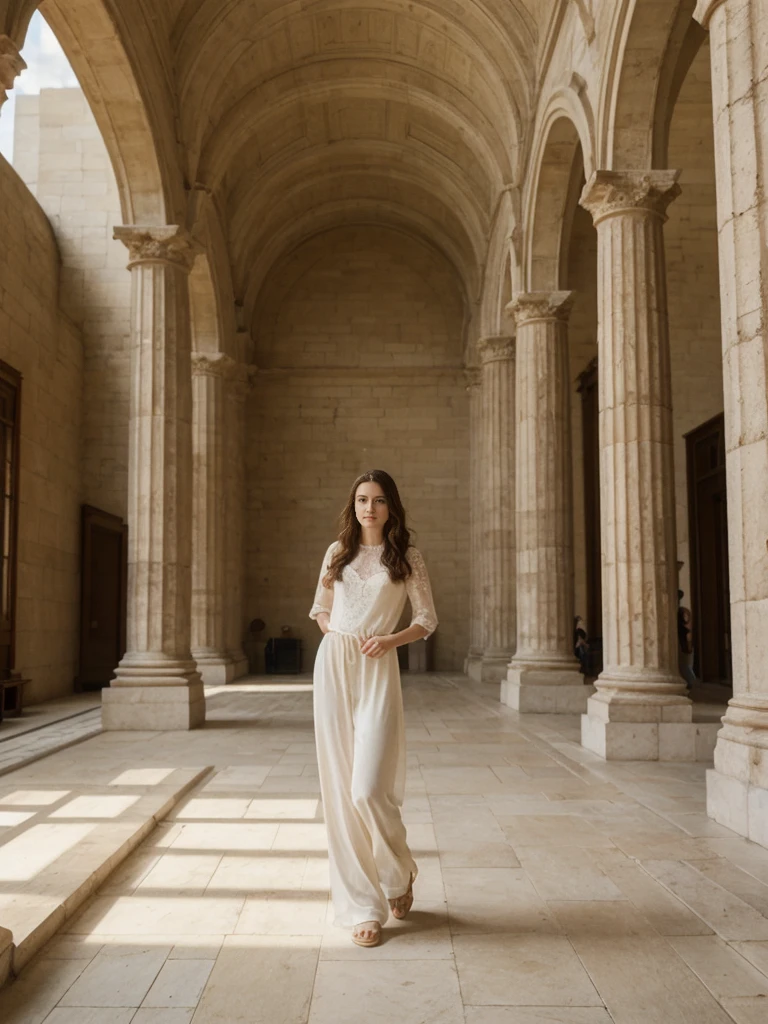 her name is Elle, high quality, 1girl, ((20-year-old fit Caucasian woman)), ((20 years old)), ((fit)), ((pale skin)), Beachy Waves dark hair , wearing Ivory Lace High-Neck Blouse + High-Waisted Wide-Leg Trousers, pose: standing, background: The imposing façade of the British Museum opens into a vast, glass-roofed Great Court. Natural light floods the space, illuminating the intricate details of the Rosetta Stone and the Elgin Marbles. Visitors move from exhibit to exhibit, marveling at the Egyptian mummies, ancient Greek vases, and the treasures of Sutton Hoo. The hushed tones of school groups learning about world history mix with the occasional click of a camera. The air is filled with the faint scent of old parchment and the tang of metal from centuries-old artifacts.