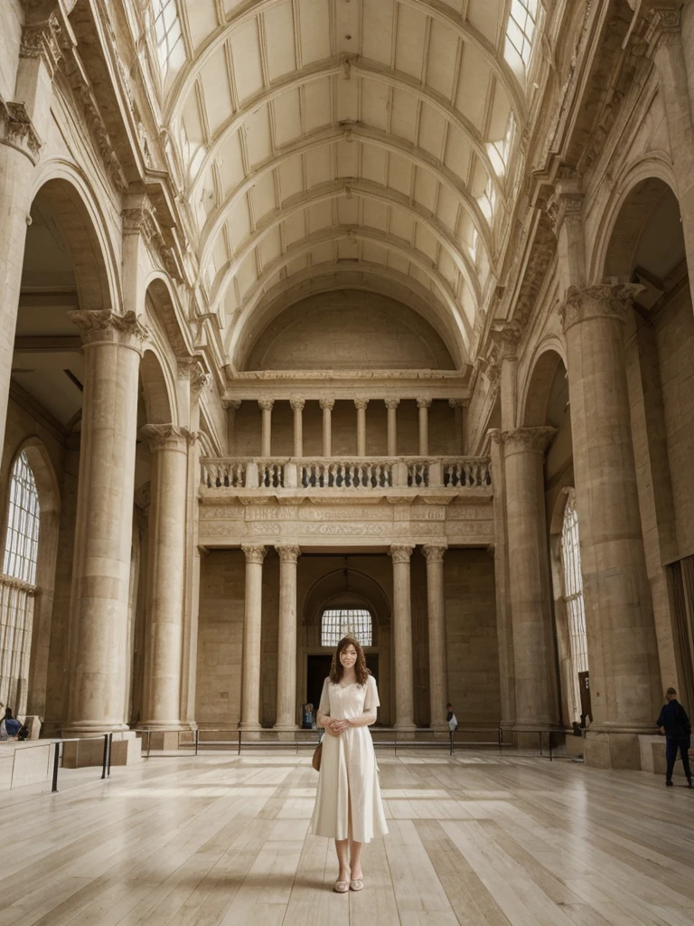 her name is Elle, high quality, 1girl, ((20-year-old fit Caucasian woman)), ((20 years old)), ((fit)), ((pale skin)), Beachy Waves dark hair , wearing Ivory Lace High-Neck Blouse + High-Waisted Wide-Leg Trousers, pose: standing, background: The imposing façade of the British Museum opens into a vast, glass-roofed Great Court. Natural light floods the space, illuminating the intricate details of the Rosetta Stone and the Elgin Marbles. Visitors move from exhibit to exhibit, marveling at the Egyptian mummies, ancient Greek vases, and the treasures of Sutton Hoo. The hushed tones of school groups learning about world history mix with the occasional click of a camera. The air is filled with the faint scent of old parchment and the tang of metal from centuries-old artifacts.