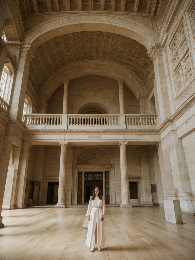 her name is Elle, high quality, 1girl, ((20-year-old fit Caucasian woman)), ((20 years old)), ((fit)), ((pale skin)), Beachy Waves dark hair , wearing Ivory Lace High-Neck Blouse + High-Waisted Wide-Leg Trousers, pose: standing, background: The imposing façade of the British Museum opens into a vast, glass-roofed Great Court. Natural light floods the space, illuminating the intricate details of the Rosetta Stone and the Elgin Marbles. Visitors move from exhibit to exhibit, marveling at the Egyptian mummies, ancient Greek vases, and the treasures of Sutton Hoo. The hushed tones of school groups learning about world history mix with the occasional click of a camera. The air is filled with the faint scent of old parchment and the tang of metal from centuries-old artifacts.