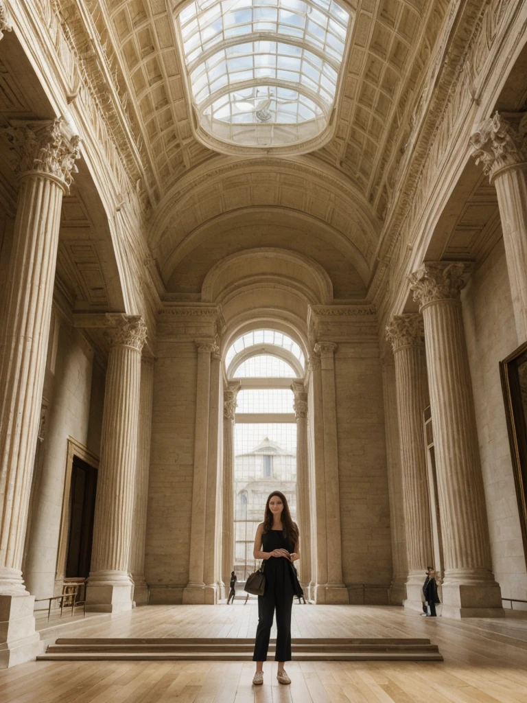 her name is Elle, high quality, 1girl, ((20-year-old fit Caucasian woman)), ((20 years old)), ((fit)), ((pale skin)), Beachy Waves dark hair , wearing Ivory Lace High-Neck Blouse + High-Waisted Wide-Leg Trousers, pose: standing, background: The imposing façade of the British Museum opens into a vast, glass-roofed Great Court. Natural light floods the space, illuminating the intricate details of the Rosetta Stone and the Elgin Marbles. Visitors move from exhibit to exhibit, marveling at the Egyptian mummies, ancient Greek vases, and the treasures of Sutton Hoo. The hushed tones of school groups learning about world history mix with the occasional click of a camera. The air is filled with the faint scent of old parchment and the tang of metal from centuries-old artifacts.