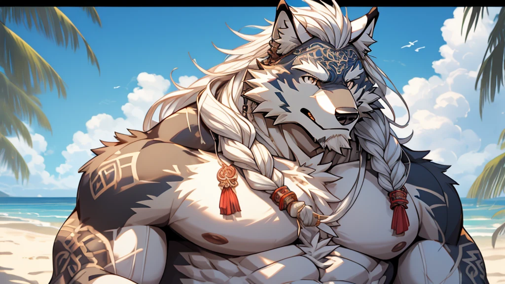 (Off-white),Ragged clothes,Lying on the beach with eyes closed,Isolated island beach,Mature,tall and big,Great posture,(Densely planted island.:1.2),Abdominal muscles,Honest,完美的masterpiece,Various facial details,Close-up view,specific description,masterpiece,CG,(Gray eyes),Off-white色图案,Off-white尾巴,heroic,Wolf,Off-white fur,Detailed facial details,Half Body,(barefoot),(Long feathers),((Middle-aged uncle)),(Face Focus),(16K),HD,Beige and white belly,beard,(Face line),Heterochromia,(White hair),Strong,muscle,(high resolution:1.3),Facing the camera