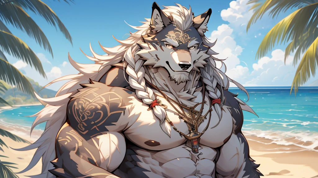 (masterpiece),(highres),(intricate details:1.4),extremely detailed,(illustration:1.2),8k,photorealistic,Anime headshot,exquisite,solo,aged,elder male wolf,grey fur,muscular,general,(naked upper body:1.4),(white hair:1.3),long hair,braided hair,long white beard,scar,naked,on the seacoast,beach resort,swimwear,beach,warm sunshine ,smiling face
