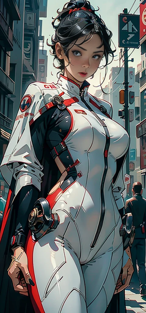 1female，41 years old，MILF，A MILF，mature，plumw，extremely large bosom ，Pornographic exposure， solo，（Background with：stadium） She has short black hair，bobo head，Station，seen from the front， hair straight， mostly cloudy sky，（（（tmasterpiece），（Very detailed CG unity 8K wallpaper），best qualtiy，cinmatic lighting，detailed back ground，beatiful detailed eyes，Bright pupils，（Very fine and beautiful），（Beautiful and detailed eye description），ultra - detailed，tmasterpiece，）），facing at camera，A high resolution，ultra - detailed），revealing breasts，Bare genitals，  Bulge，legs are open，Raised sexy，Camel toes，Flushed complexion，Open-mouthed，frontage，Chinese Air Force，Aviator，（Wearing：Track and field suits，White pantyhose，Blue and red color scheme）spiderman uniform armor