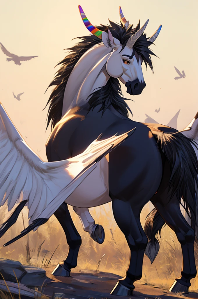 ((Feral)) ((large)) ((Alicorn)) ((white fur)) ((black mane and tail)) ((rainbow mane and tail accents)) ((equine)) ((wings)) ((horn))