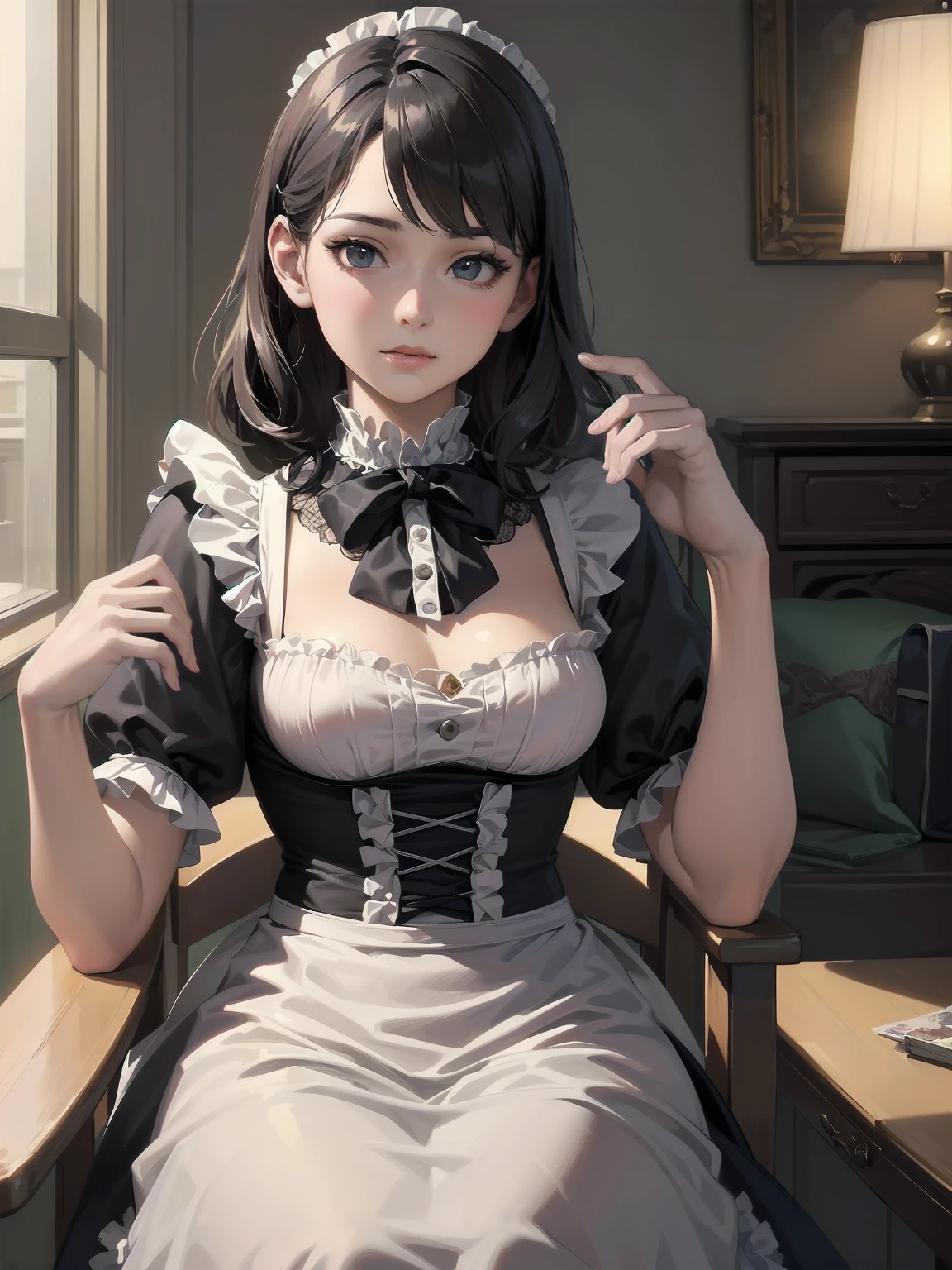 (Highest quality、16K、masterpiece、Ultra-high resolution、Victorian era、Photorealistic:1.2)、Maid Lady、solo、One person、Beautiful and detailed、202Perfectly detailed illustrations created by master anime illustrators of the 4th generation、Cool Beauty、Heroine's Attributes、Artistic shading、Perfect Face、Detailed portrait、