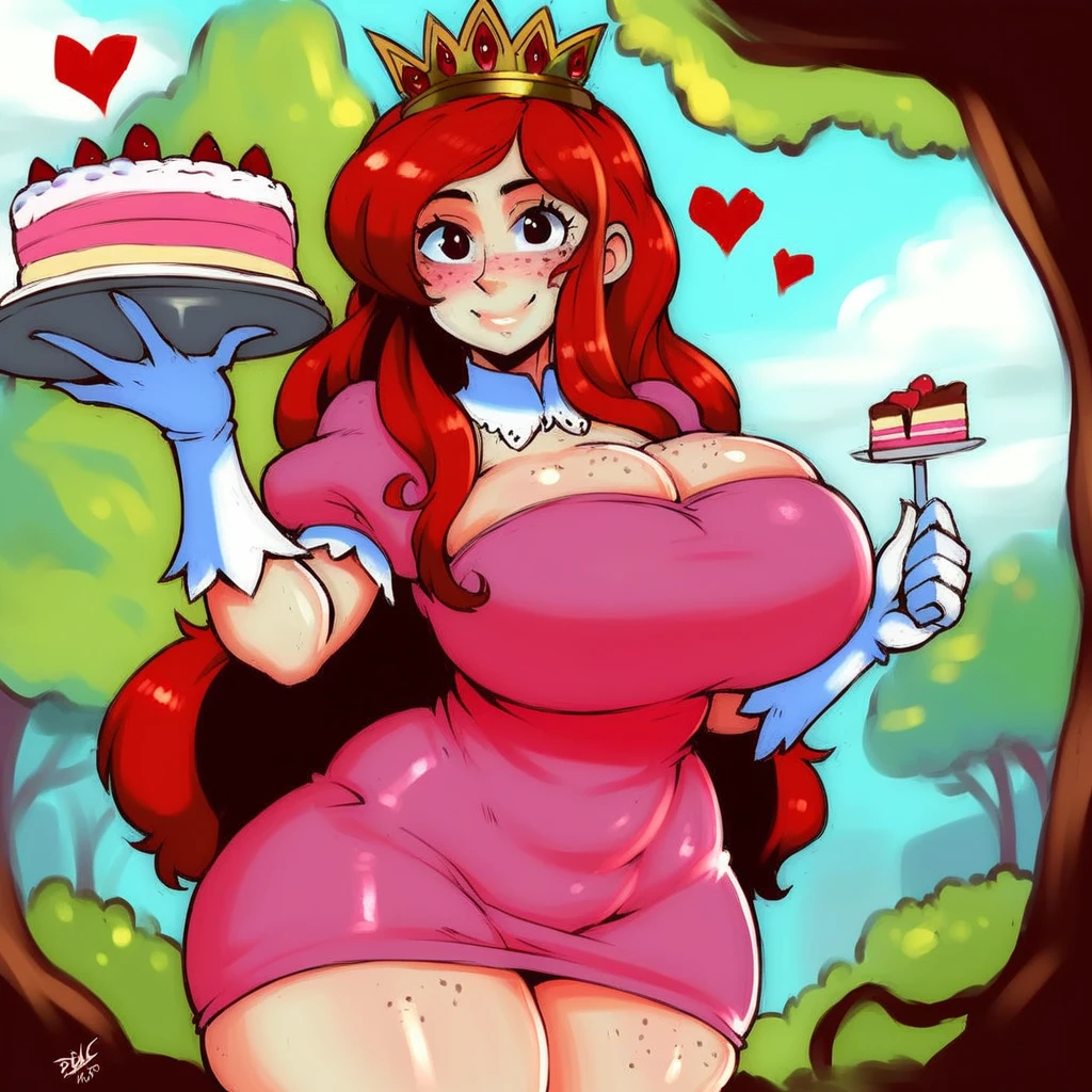 (masterpiece, best quality, Highly detailed, Highly detailed, High Quality, perfect quality, good quality, HDR, UHD), Score_9, score_8_up, Betilla the nymph, (((1girl, solo, alone))), (((red hair, long hair, black eyes, curvy, freckles, huge breasts, thick thighs, wide hips))), looking at viewer, smile, blush,
((( serving tray, cake, offering to viewer, hearts, white gloves, short sleeves, puffy sleeves, pink dress, crown ))),
dynamic pose, dynamic angle, cowboy shot,
indoor, house,